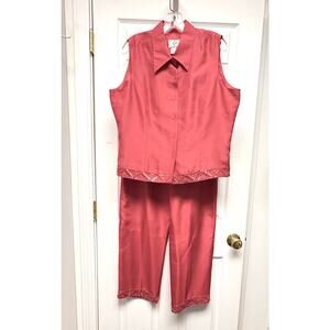 Vintage Silk Pantsuit Vermillion Beaded Hem 2 Piece Lined XL 12 Formal 90s